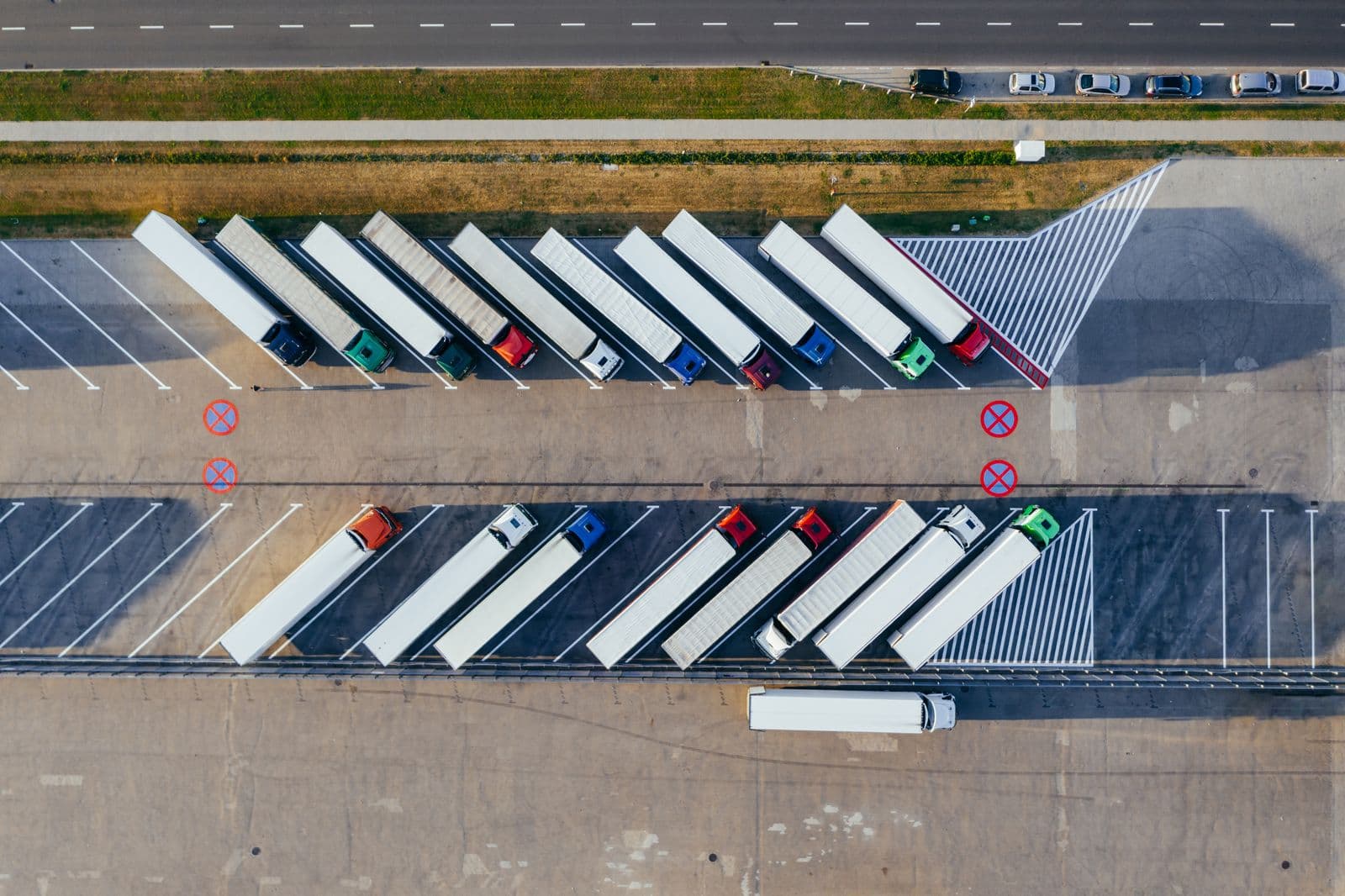 Trucks parked in a logistics yard